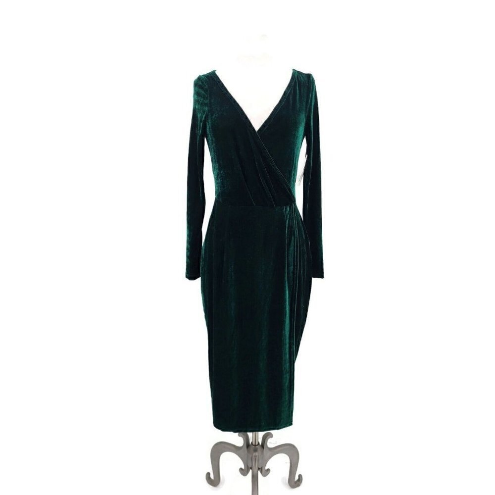New Unique Vintage Green Velvet Dress Womens M 6/8 Deep V Surplice Bodycon